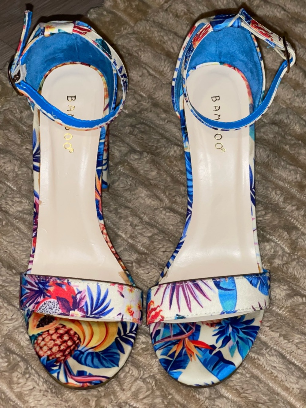 BAMBOO Blue Tropical Print Ankle-Strap Heels-Size 7 1/2